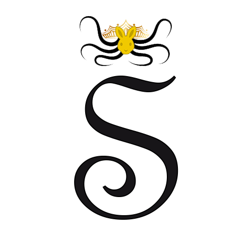 Royal Monogram of Princess Sunny: A black Georgian S, surmounted by a bunny princess crown with black tentacles