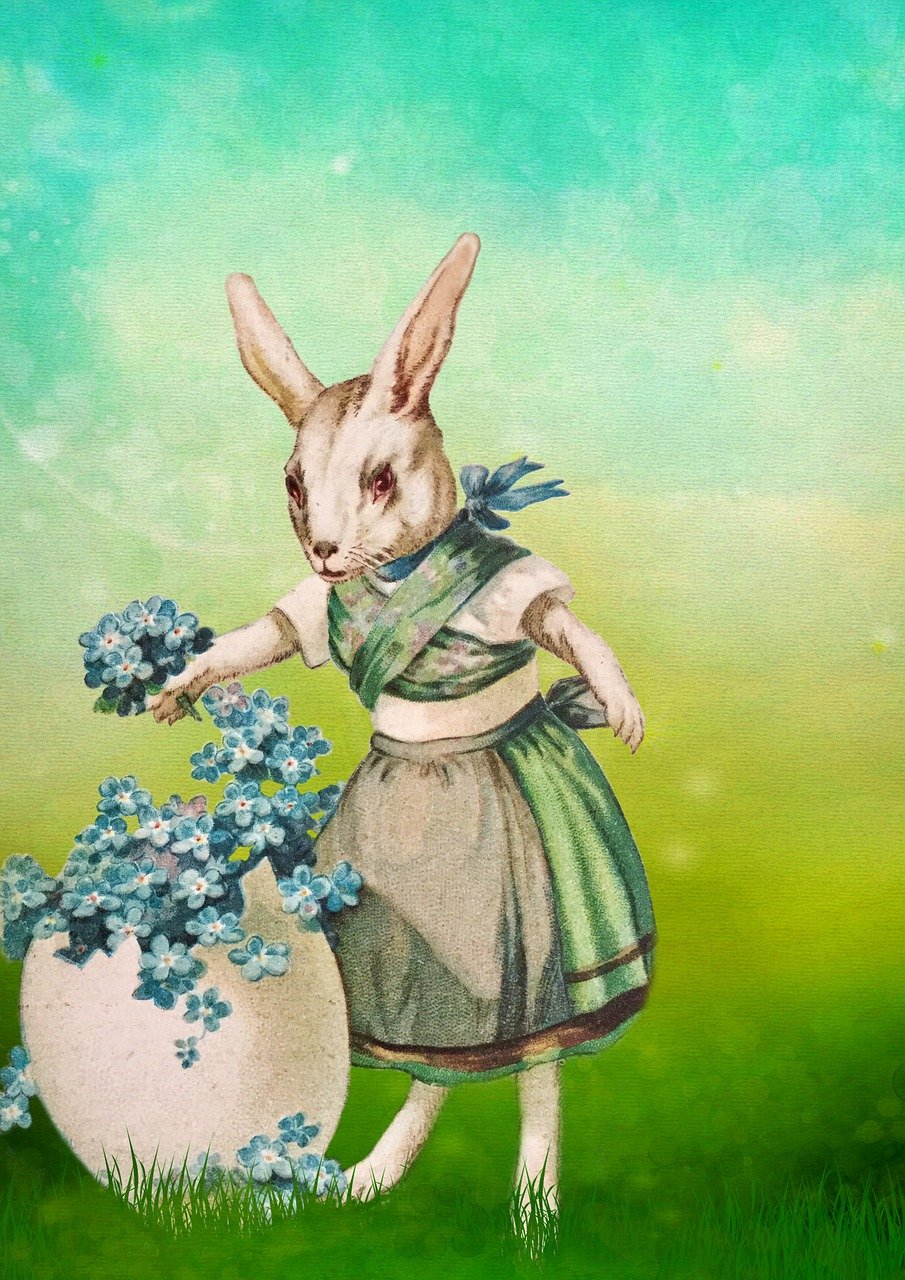 Watercolour of an anthropomorphic rabbit decorating an eggshell with forget-me-nots