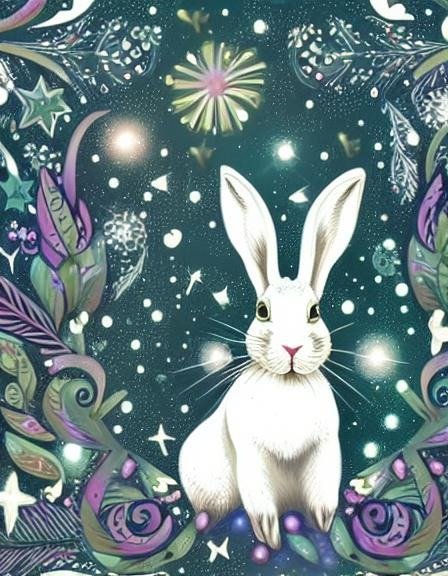 A white rabbit against a starry background