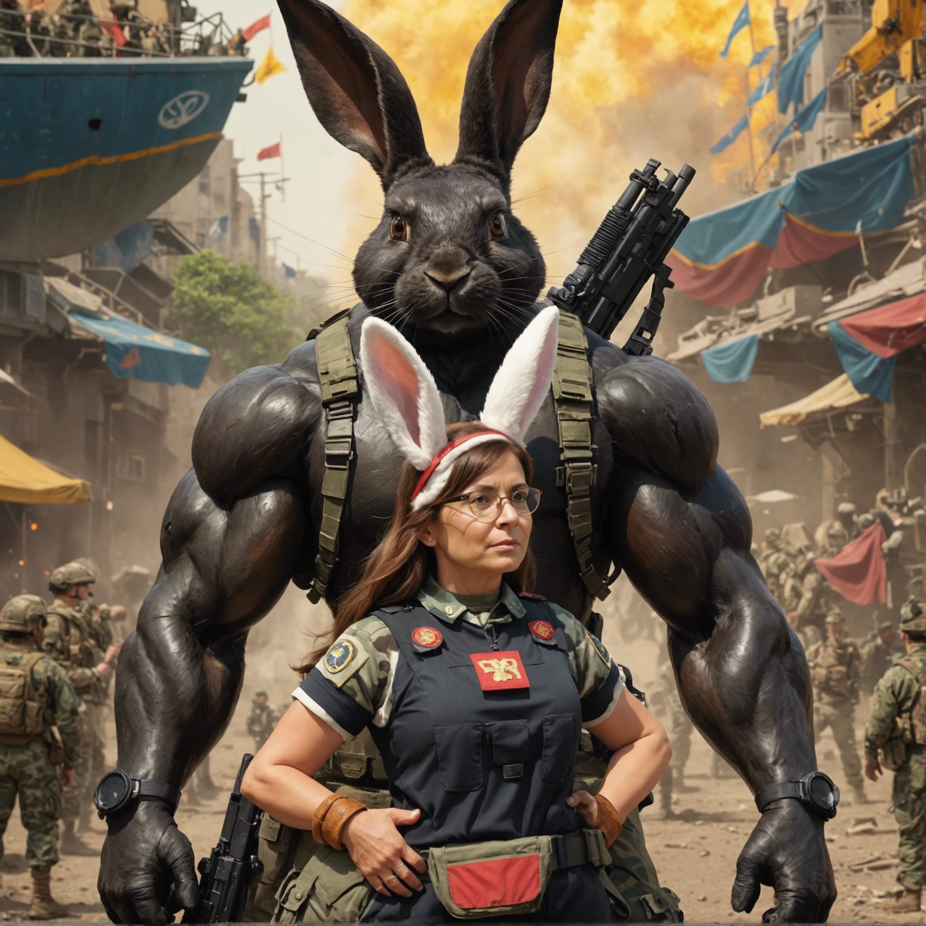 A small, middle aged woman with bunny ears in military fatigues, standing in front of a giant, anthropomorphic rabbit at the outbreak of a battle