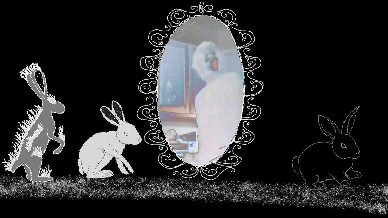 Two cosmic bunnies looking into a Mirror, which is showing a young man in photo negative. A third bunny looks away