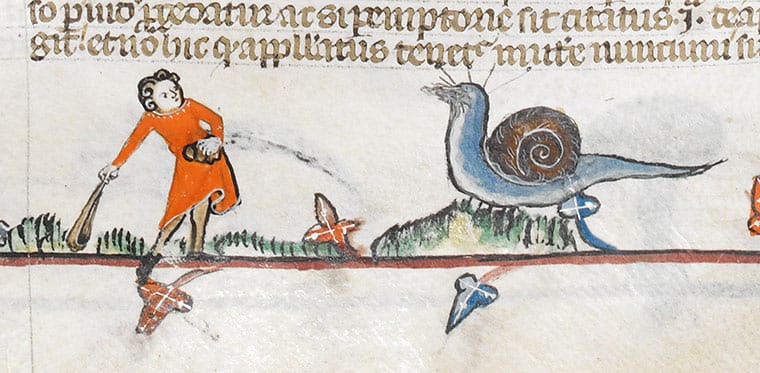 A person attacking a giant snail with a sling in a medieval manuscript