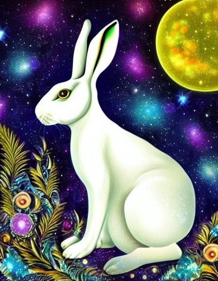 A white rabbit with golden eyes against a starry background, with foliage and the moon