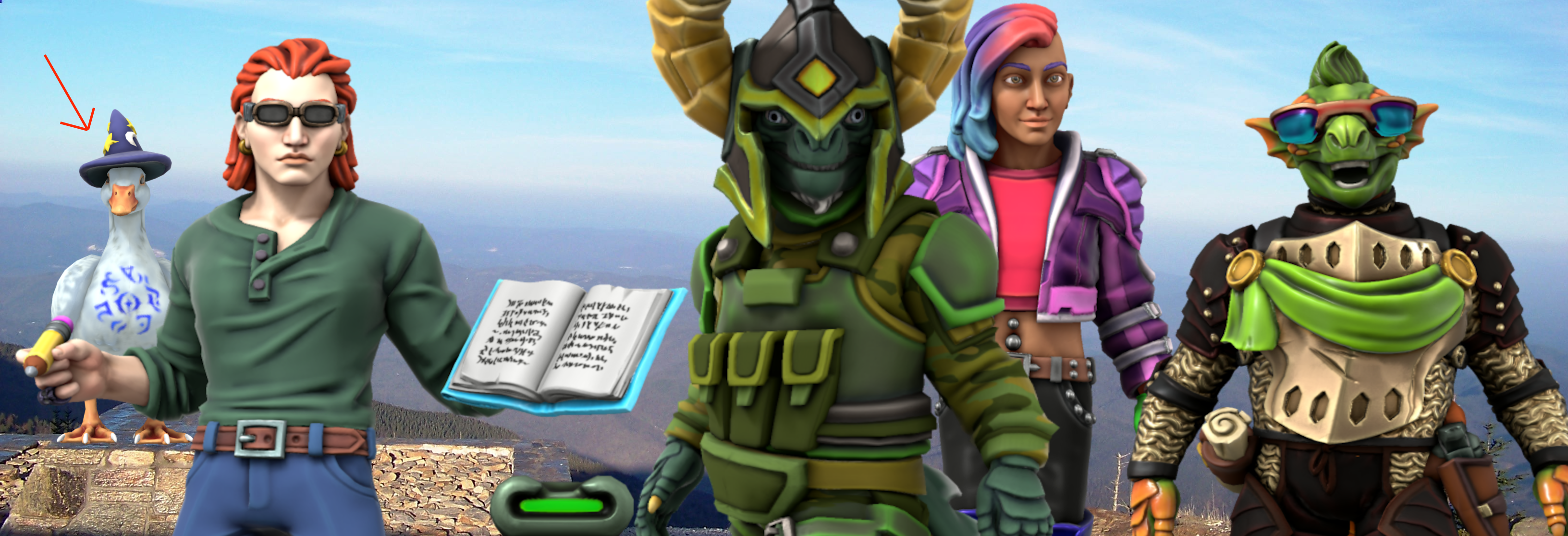 A duck in a wizard's hat, a red-haired man in shades and a green shirt with a book, a lizard man with a horned helm, a bright neon-dressed punk, and a lizardwoman in shades, against a blue sky
