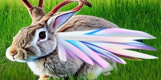 A rabbit with antlers and colourful wings in a meadow