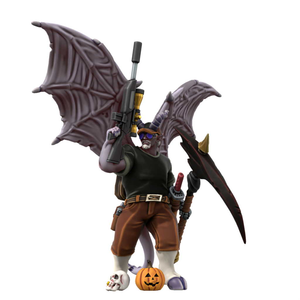 Demonic figure in a ball cap and sunglasses, carrying a sniper rifle and scythe, with a katana at his side and a skull and jack o'lantern at his feet