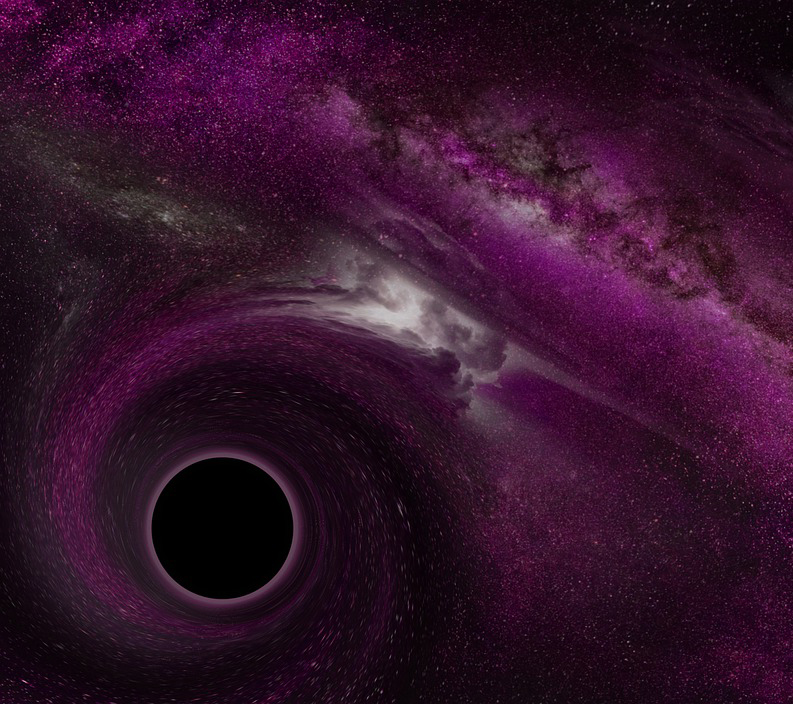 A black hole, warping a swirling purple nebula